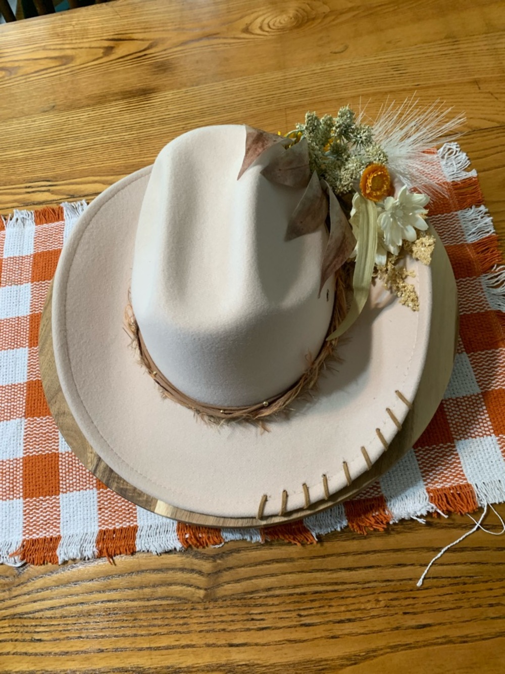 Neutral Felt Wide-Brim Hat with Dried Floral Trim